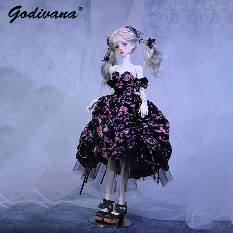 1/4 BJD 인형용 의상: 검은색 바탕에 분홍색 꽃무 - Midi Dress 리뷰 및 가격