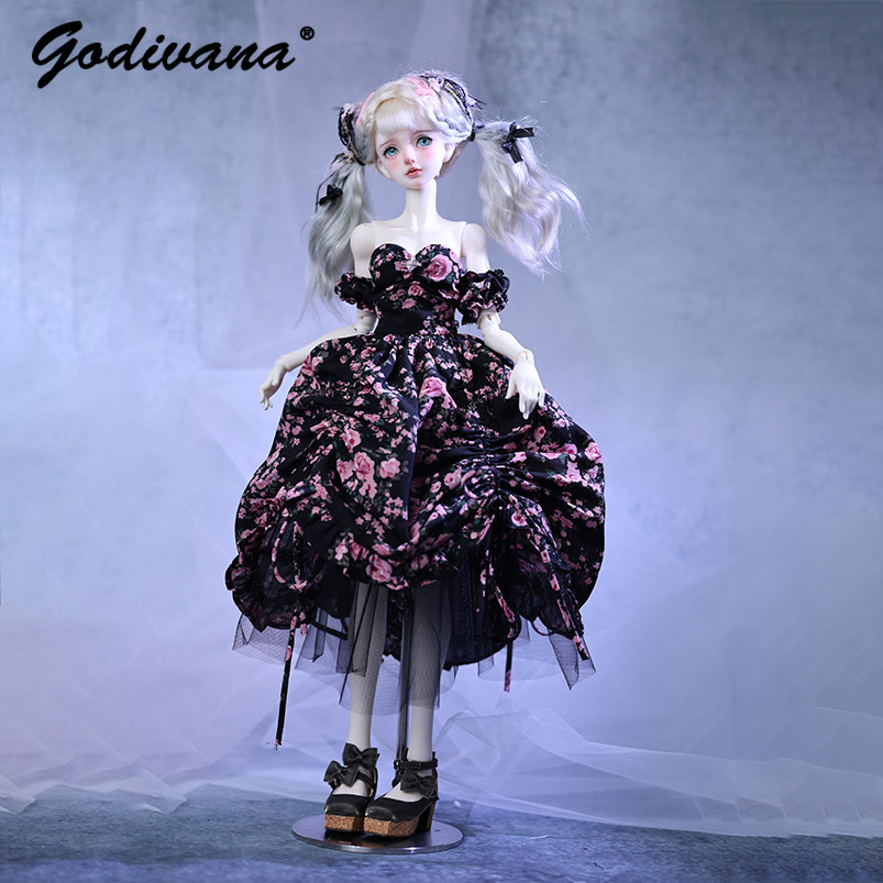 1/4 BJD 인형용 의상: 검은색 바탕에 분홍색 꽃무 - Midi Dress 리뷰 및 가격