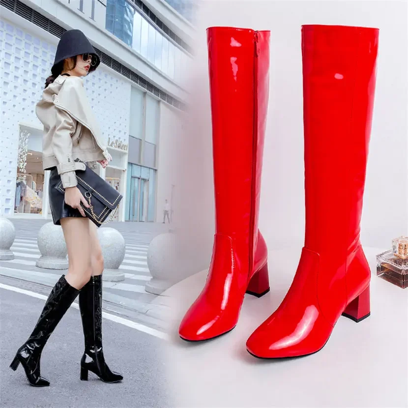 여성용 레드 화이트 에나멜 가죽 무릎 높이 부츠, 블록 - Women'S Red Formal Wear 리뷰 및 가격
