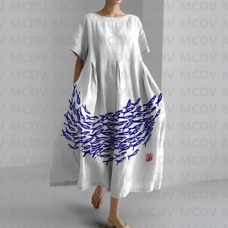 일본 빈티지 피쉬 아트 프린트 여성, 캐주얼 미디 원피 - Midi Dress 리뷰 및 가격